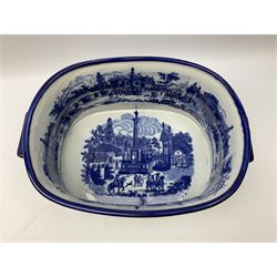 Victoria Ware blue and white twin handled ironstone footbath, decorated with transfer printed cityscape, H21cm
