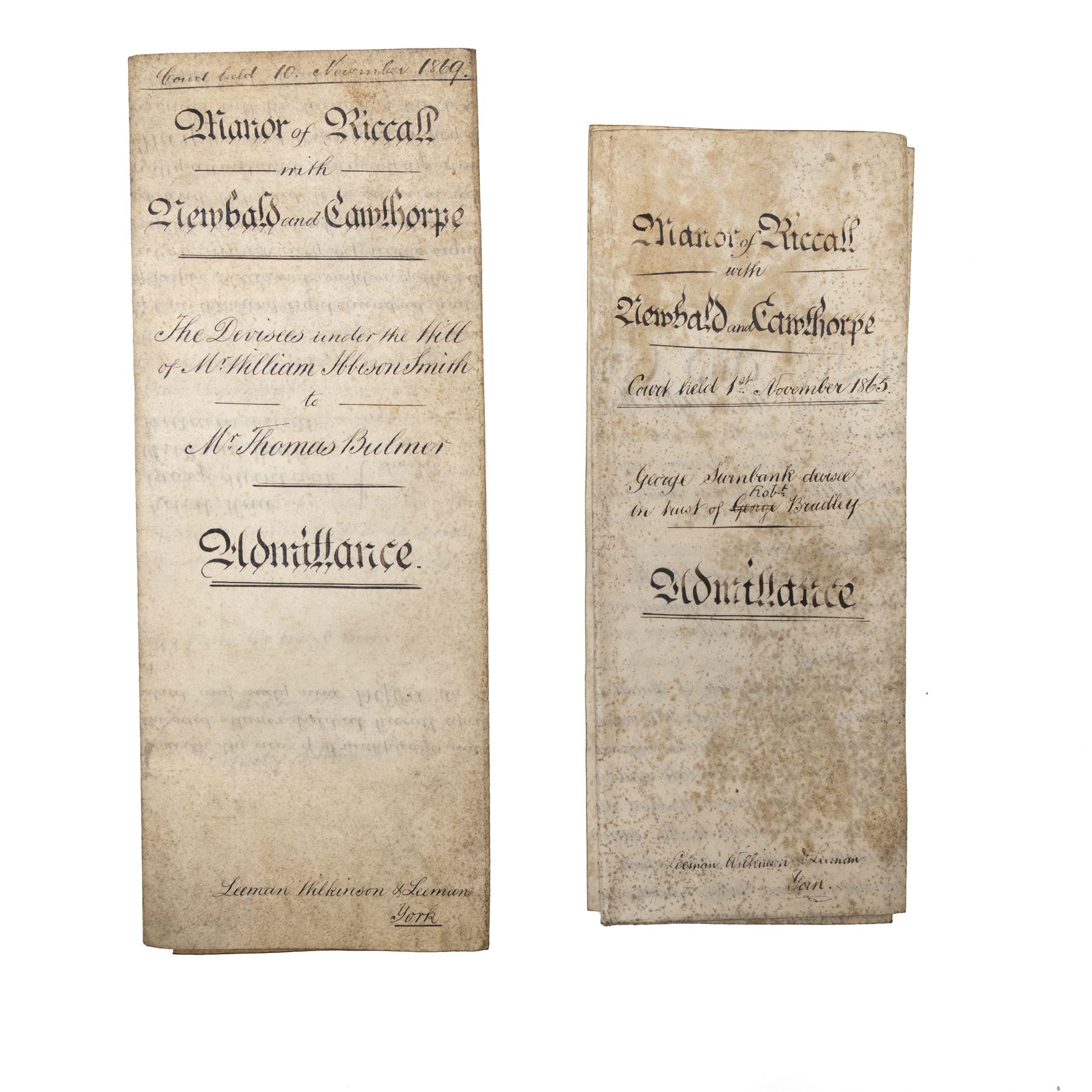 Yorkshire manorial interest - collection of 18th and 19th century vellum and paper court copyhold, admittance, surrender and lease documents relating to the Manor of Dunnington and Dunnington Hall, the Manor of Riccall with Newbald and Cawthorpe, and the Manor of North Duffield with the Members, together with similar documents for Warthorpe Hall, Allerthorpe Hall, Murton and surrounding areas, many retaining original seals, in one box