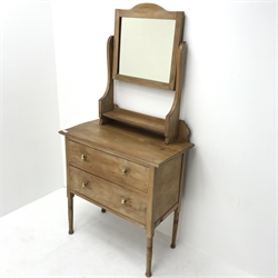 Edwardian satin walnut dressing table, raised mirror back, two drawers, turned supports, W77cm, H152cm, D40cm