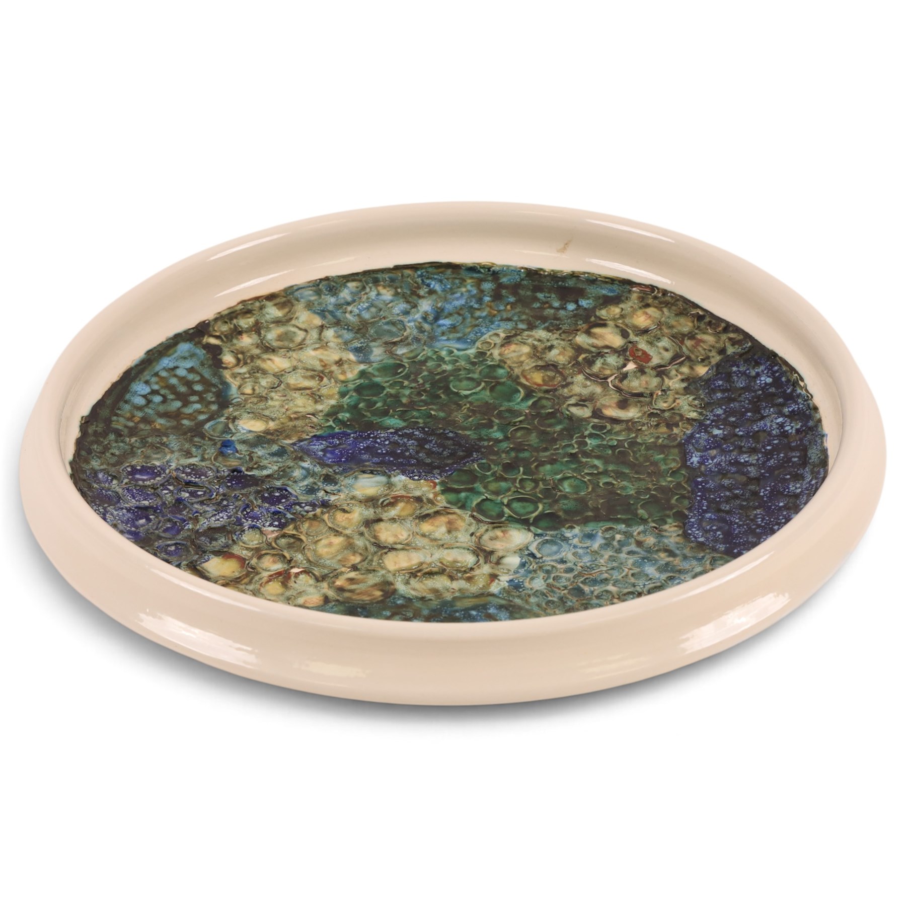 Tony Morris (British 1942-2018) for Poole Pottery: Studio pottery bowl of shallow circular form, thrown by Alan White, glazed and decorated by Tony Morris, impressed and painted marks to base, printed and painted marks beneath D35.5cm