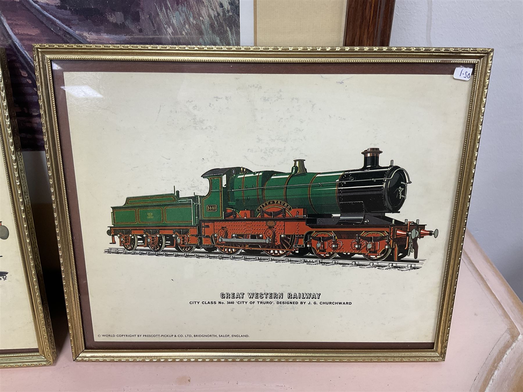 After Peter Owen Jones (British 20th century), 'Scots Guardsman'; limited edition colour print signed in pencil, together with three colour prints of early 20th century steam trains (4)