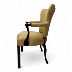 Pair of 19th century Hepplewhite style armchairs, shaped serpentine back over seat upholstered in gold damask fabric, with padded outswept arms and serpentine front rail, on moulded mahogany foreleg
