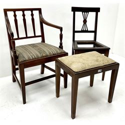 19th century mahogany carver, shaped cresting rail, pierced splat, upholstered seat, square reeded tapering supports (W61cm) two other chairs and a stool