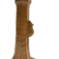 'Mouseman' tooled oak table lamp, the octagonal tapered stem carved with mouse signature, with shade, by Robert Thompson of Kilburn
