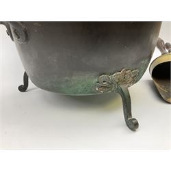 Large twin handled copper planter upon three shaped feet, H23cm not including handles D37cm, together with various fireside accessories including set of three, comprising shovel, tongs, and poker, etc., in one box 
