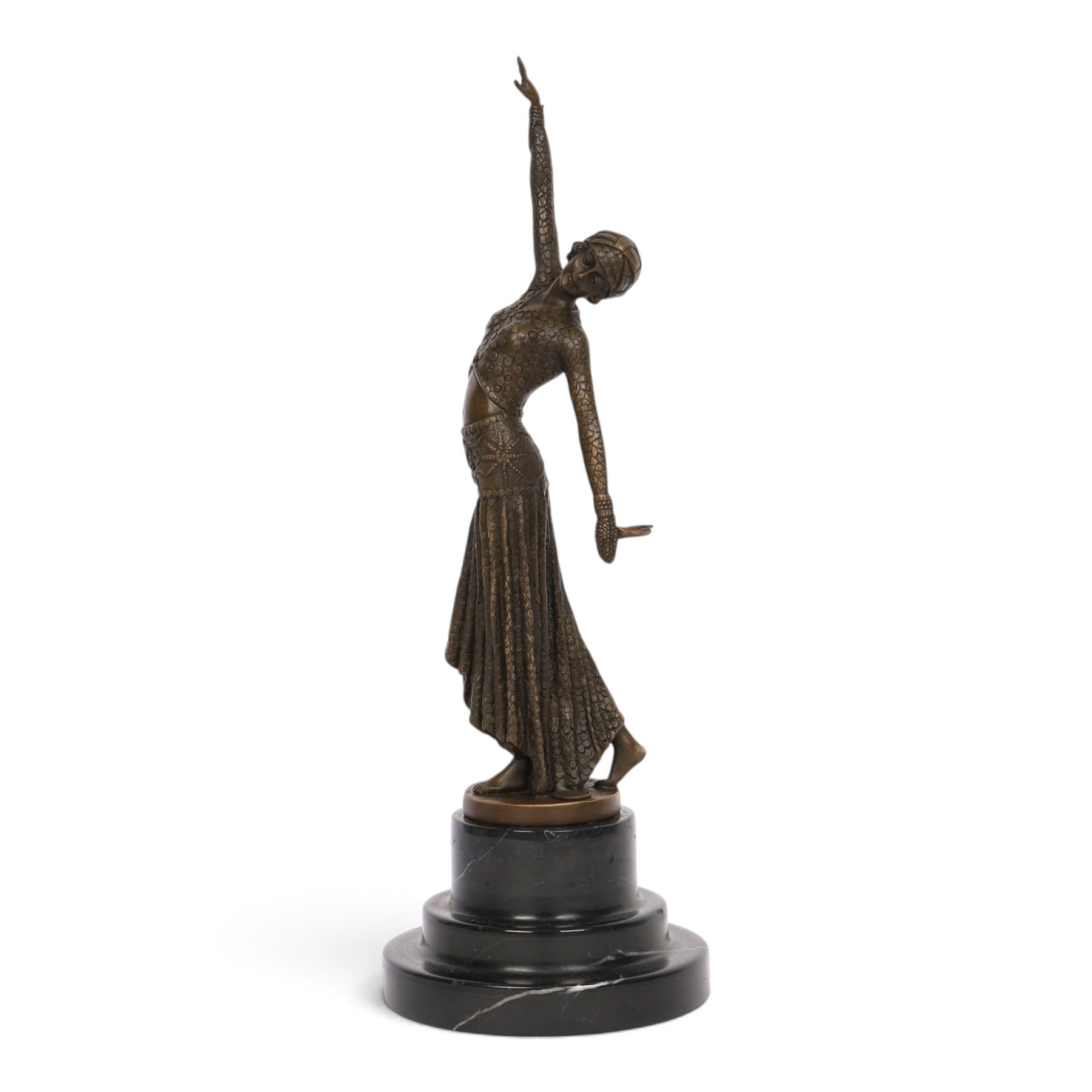 After Demétre Chiparus, Art Deco patinated bronze figure 'Footsteps', modelled as a female dancer with raised arm