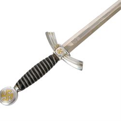 German Third Reich Luftwaffe Officers Dress Dagger by Alcoso Solingen, the 30cm double edged blade marked Alcoso Solingen, with plated down-swept quillons and pommel bearing swastika, wire-bound blue leather grip, the leather covered sheath with mounts and hanging chains, overall L50cm 