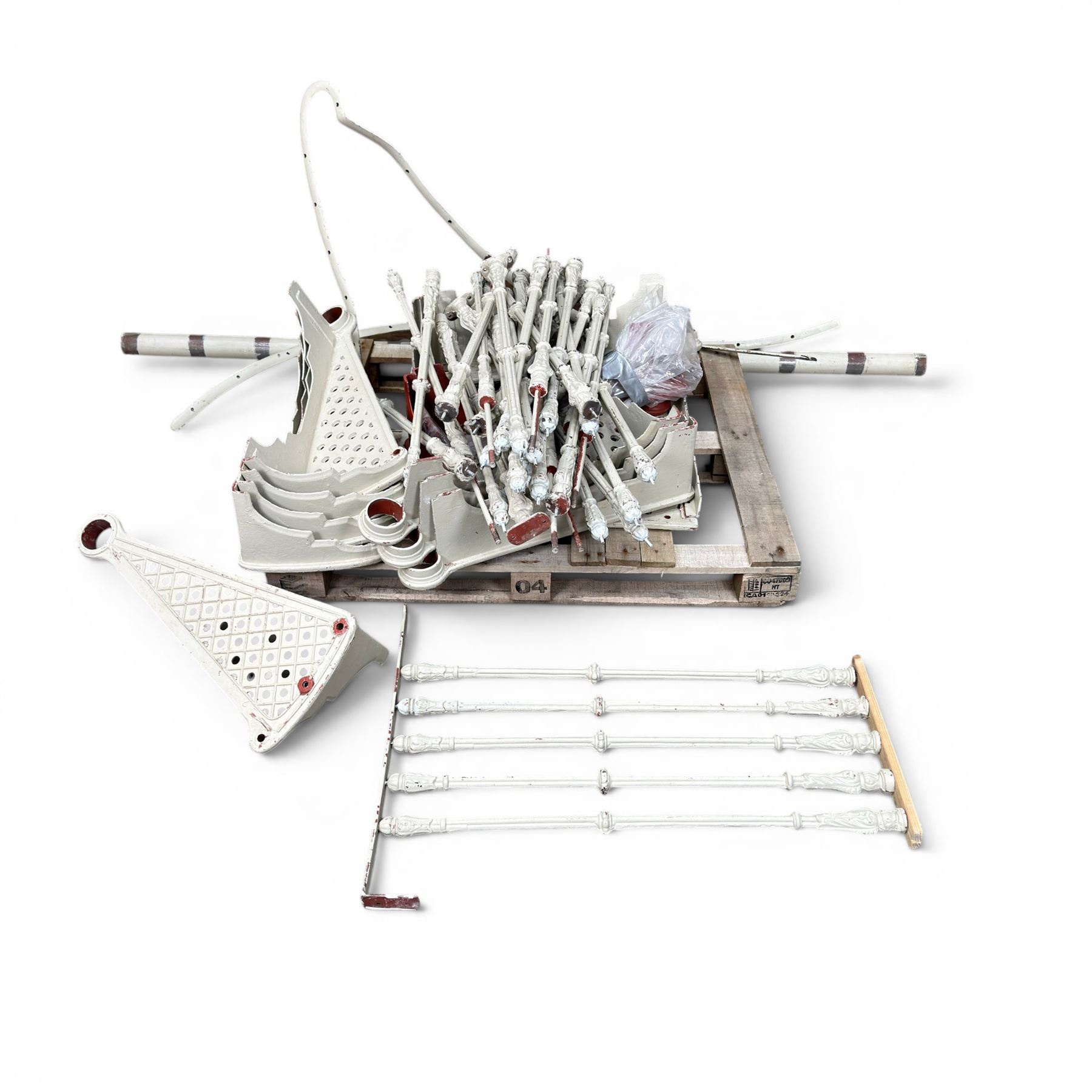 Victorian design cast iron spiral staircase, sixteen pierced treads, ornate balustrades, with landing and handrail painted in cream finish, height of pole 250cm, width of steps 74cm