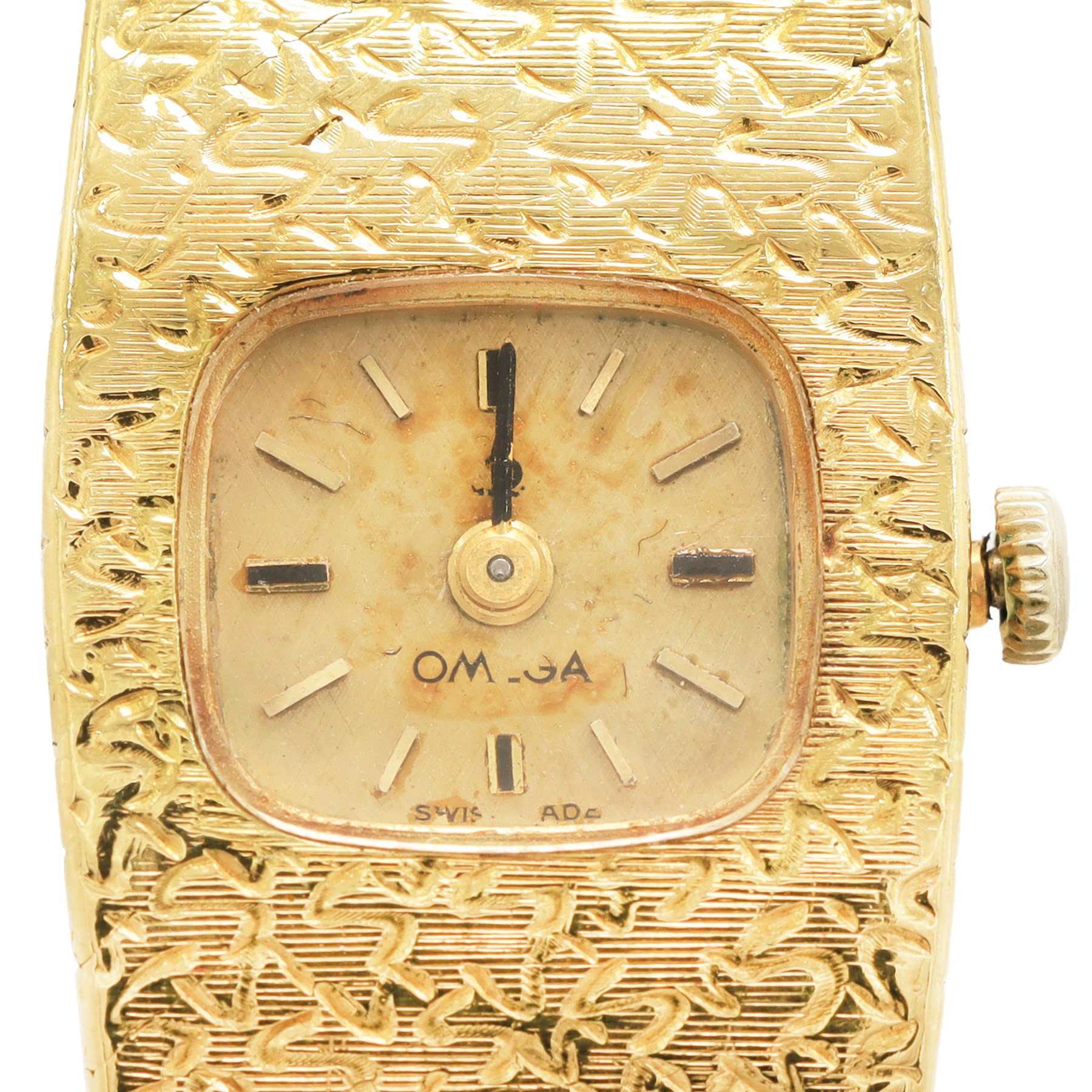 Omega ladies 18ct gold manual wind wristwatch, Cal. 650, champagne dial with baton hour markers, Helvetia hallmark, on integral 18ct gold bracelet, Helvetia hallmark with London import mark 1971