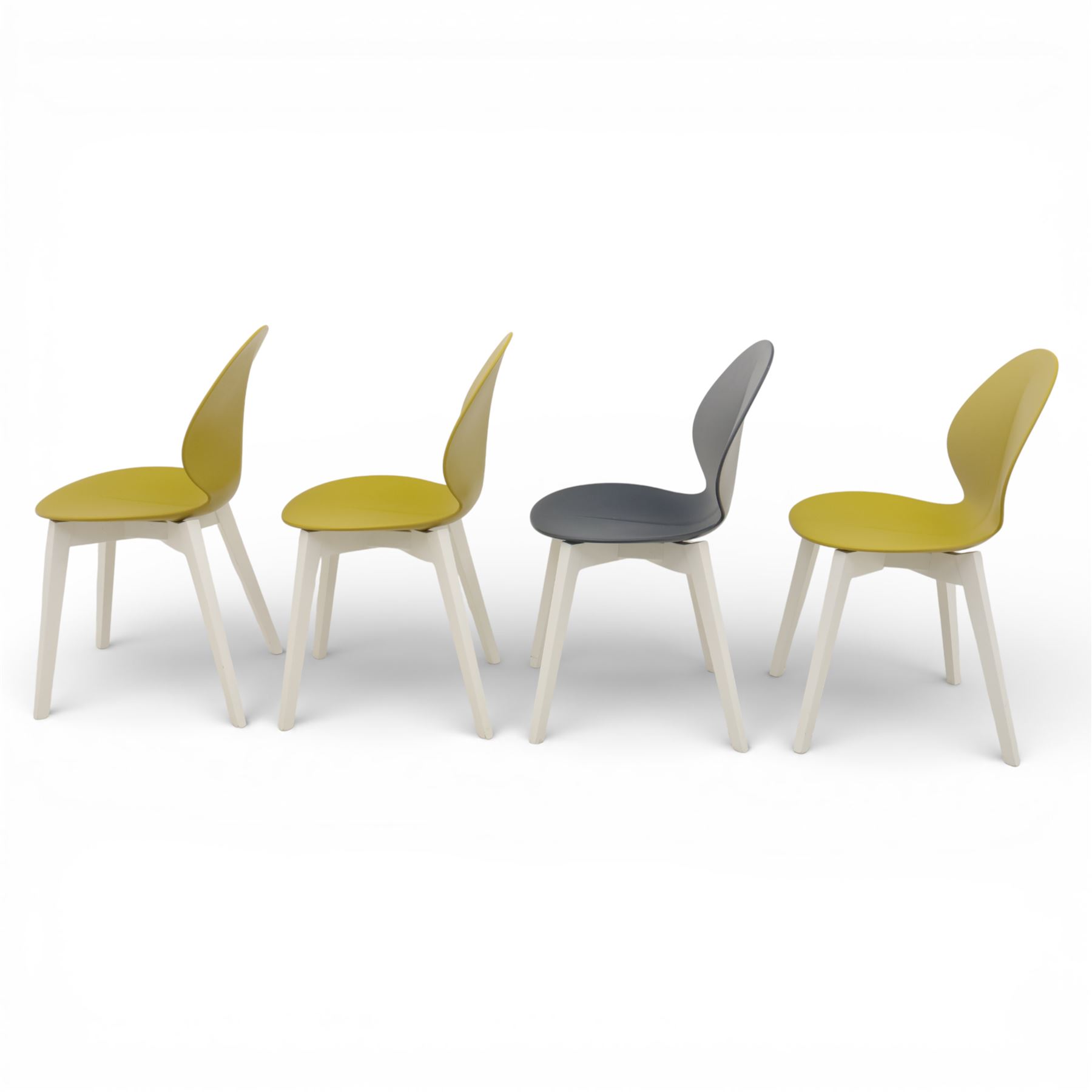 Calligaris - Connubia dining suite, comprising a 'Zeffiro' glass extending dining table and eight 'Academy' chairs, rectangular clear glass top with twin extension leaves extending to 220cm, mounted on white and ochre metal supports with central stretcher, together with eight matching moulded dining chairs with shaped seats and tapered legs