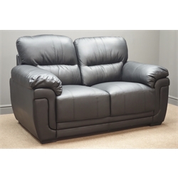  Three seat sofa (W205cm), and matching two seat sofa (W158cm), upholstered in black leather  
