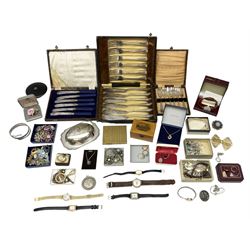 Gold black onyx ring, gold cufflink and pair of crystal earrings, all 9ct, silver-gilt stone set ring and a collection of costume jewellery, to include two Rotary watches, broaches, necklaces, etc, together with silver plate flatware and other collectables