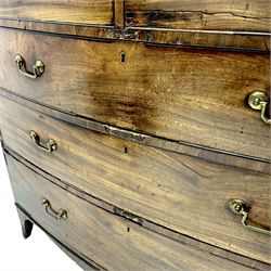Early 19th century mahogany bow-front chest, fitted with two short over three long cock-beaded drawers, on splayed feet