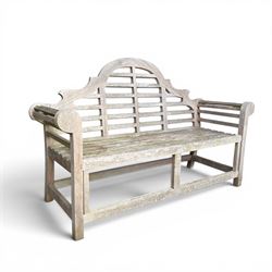 Lutyens design teak garden bench, shaped arched and slatted back over rolled arms and slat...
