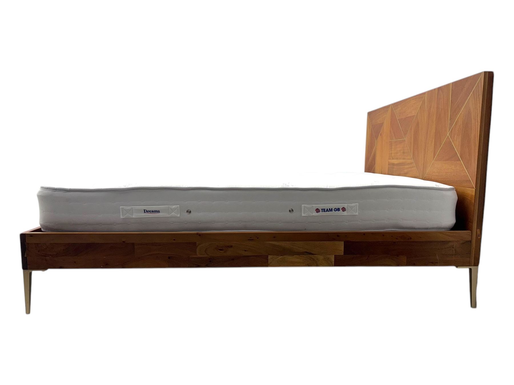 Barker & Stonehouse - contemporary chestnut king size bed frame, with geometric inlaid headboard and brass detailing, slatted base and tapered brass effect legs, together with Dreams ‘Reynolds 1000’ pocket sprung mattress