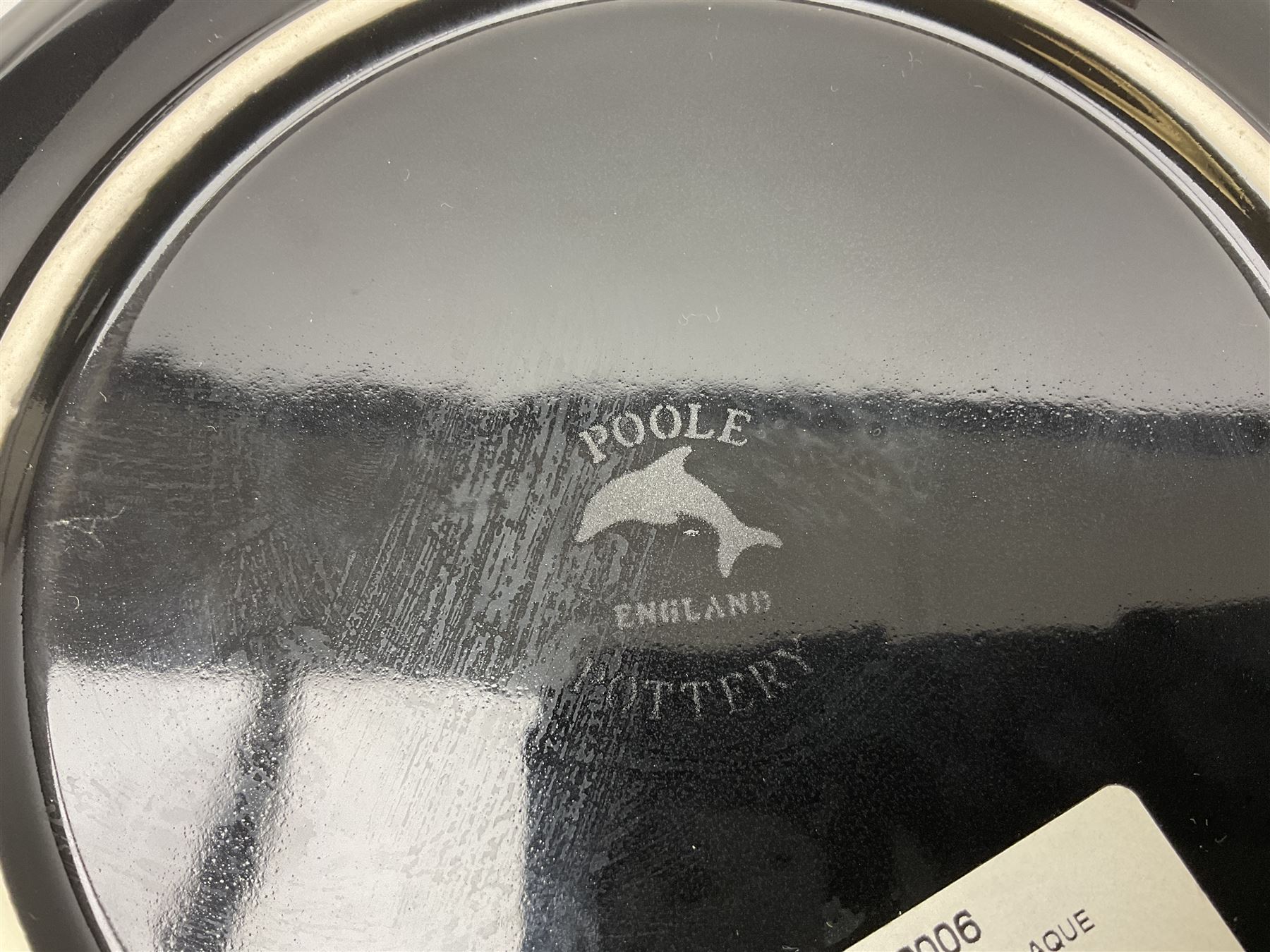 Four pieces of Poole Pottery in Graffiti pattern, comprising pair of vases of baluster form, dish and small plate, with impressed or printed marks beneath, vase H17cm