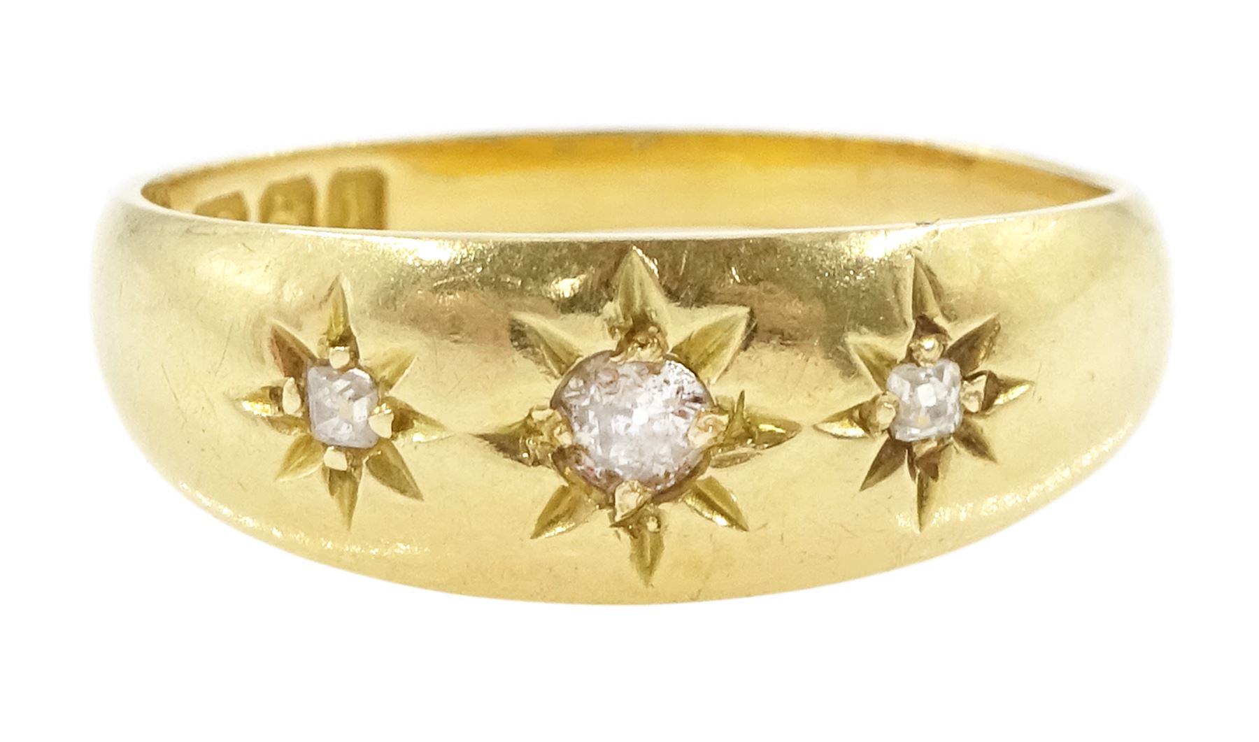 Edwardian 18ct gold gypsy set, three stone old cut diamond ring, Birmingham 1908