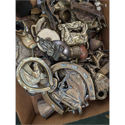 Collection of brassware, including door knockers, trinket boxes, match striker, chamberstick, etc and other metal ware