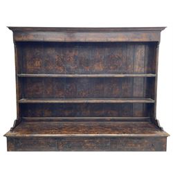 Bylaws of Leominster - 18th century design figured oak dog kennel dresser, the raised plate rack with projecting cornice over hooks and three tiers, moulded rectangular top over three drawers and two panelled cupboards, moulded frame and panelled sides, on stile supports