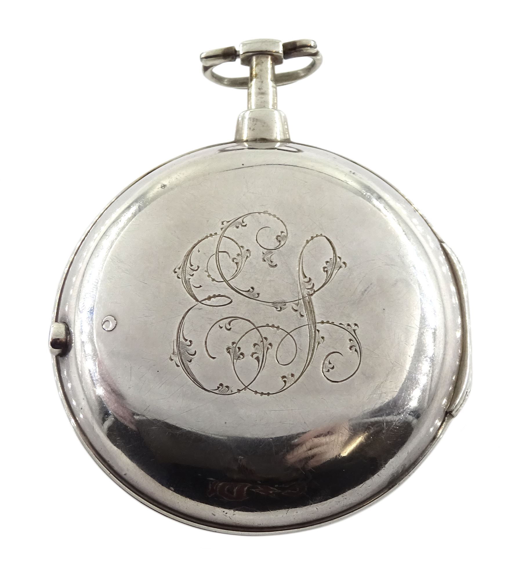 George III silver pair cased verge fusee pocket watch by Hollison, Liverpool, No. 2801, round pillars, pierced and engraved balance cock decorated with a classical urn, white enamel dial with Arabic numerals, bull's eye glass, case makers mark W H, Birmingham 1804