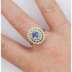 14ct gold oval sapphire and two row round brilliant cut diamond cluster ring, sapphire approx 0.80 carat