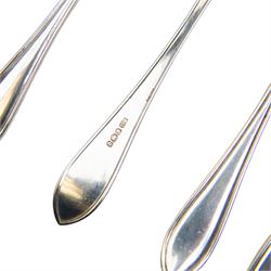 Mid 20th century silver canteen of Sandringham pattern cutlery for six place settings, comprising table spoons, table forks, silver handled table knives with stainless steel blades, dessert spoons, dessert forks, silver handled dessert knives with stainless steel blades, teaspoons, coffee spoons, silver handled fish knives and fish forks with silver blades, hallmarked Viner's Ltd, Sheffield 1955, contained in a wooden canteen with single drawer