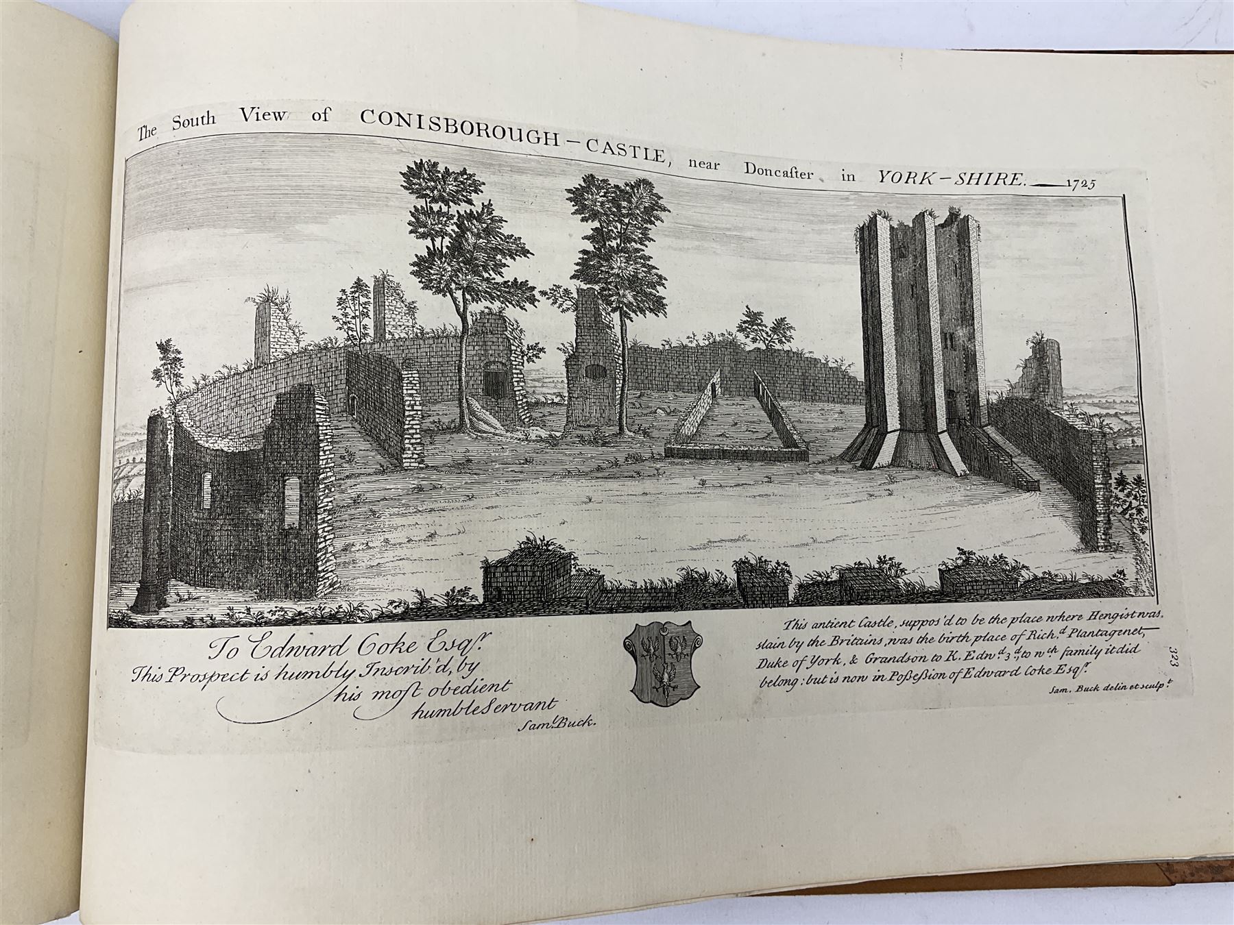 Samuel Buck: Ruins, Abbeys and Castles of Yorkshire. Bound collection of twenty-five engraved views dated 1720 - 1728 including Burstal Abbey Hull, Bolton Abbey, Whitby Abbey, Scarborough Castle, Malton Priory etc and list of subscribers; oblong folio; mottled half leather and suede binding by Etherington, Thorpe & Co., Pudsey