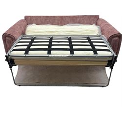 Contemporary Alstons ‘Memphis’ sofa bed, upholstered in ‘Dusk Velvet’ polyester blend, featuring broad arms, two seat cushions, and a concealed fold-out metal action bed with mattress