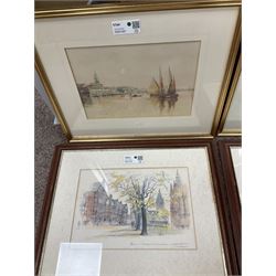 G Augusti (Italian late 19th/early 20th Century): Views of Venice, pair of watercolours signed; together with After Mads Stage (Danish 1922-2004): 'The Pantiles - Tunbridge Wells' and 'Chester - St Werburgh Court, The Town Hall Tower and Cathedral Gardens', pair of coloured lithographs max 23cm x 34.5cm (4)