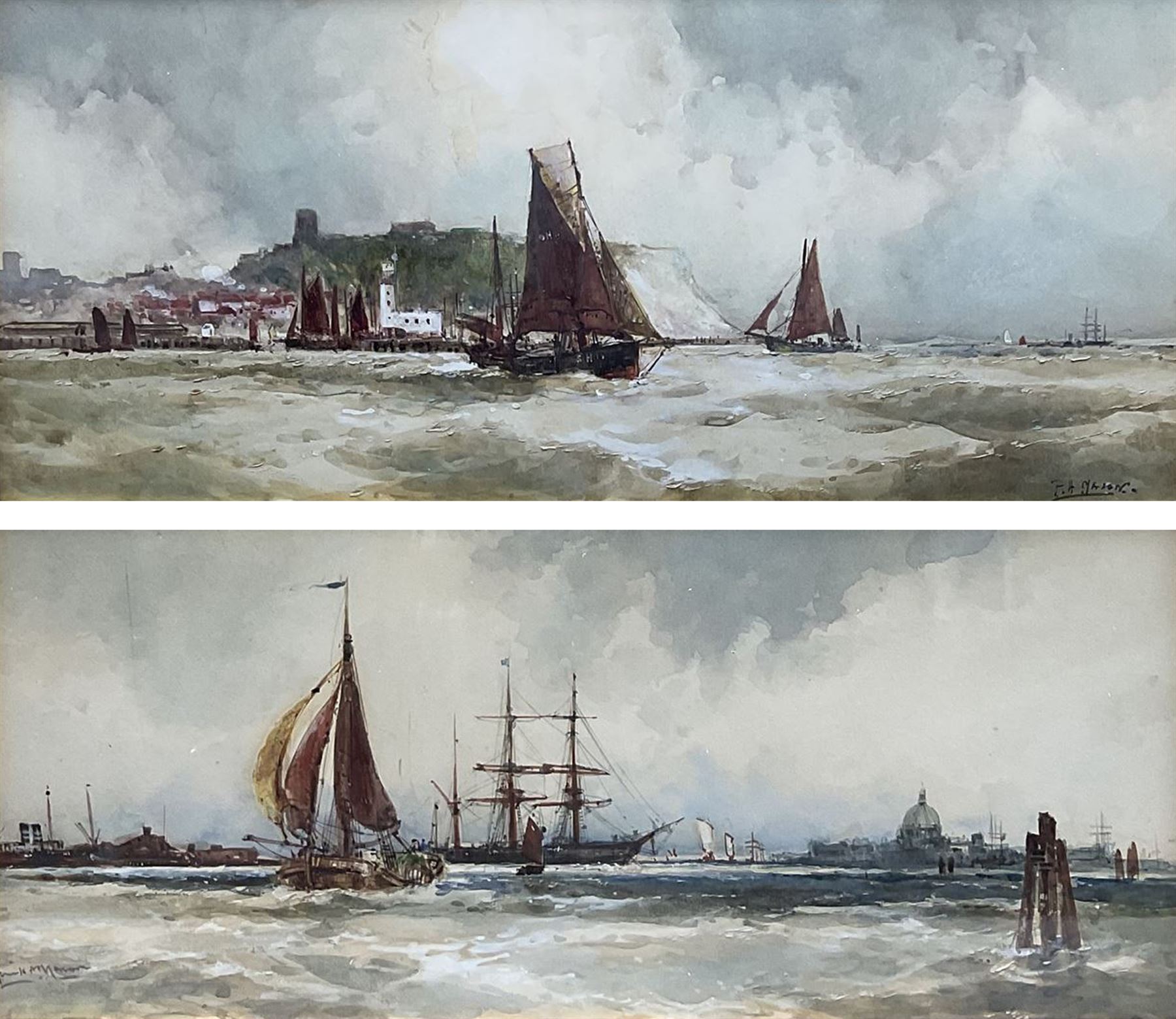 Frank Henry Mason (Staithes Group 1875-1965): 'Scarborough' and 'Rotterdam', pair watercolours signed, titled on original Hare & Whitley labels verso 14cm x 32cm (2)