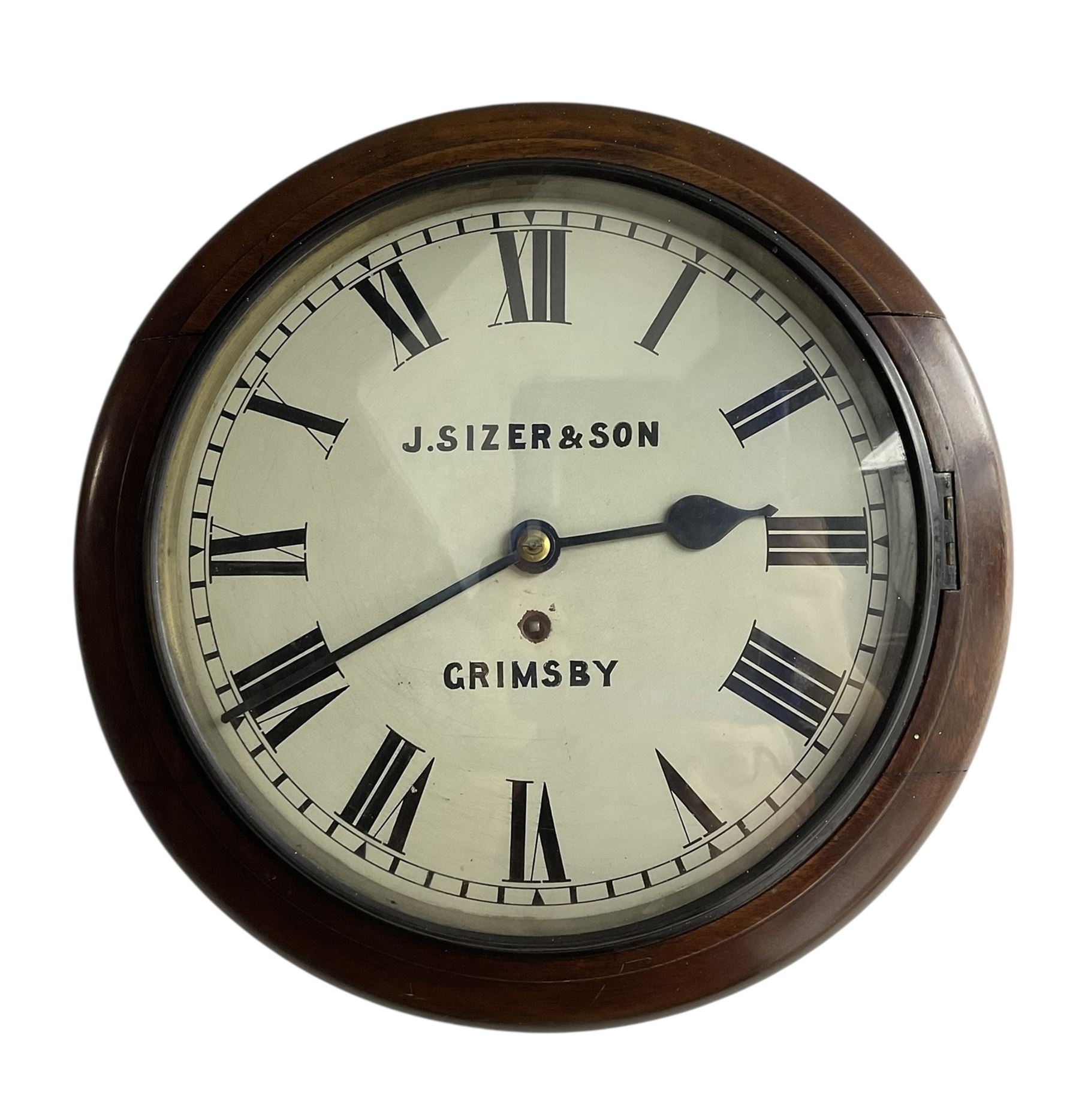 J Sizer & Son of Grimsby-mahogany cased wall clock with a single train fusee movement c1900, twelve inch painted dial with Roman numerals and minute track, four pillar movement with a chain driven fusee.
With pendulum and key.