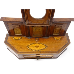  George III inlaid mahogany pocket watch stand of architectural form, three glazed apertures painted with figural portraits, fitted with single frieze drawer, L29cm, H28cm, D10.5cm  