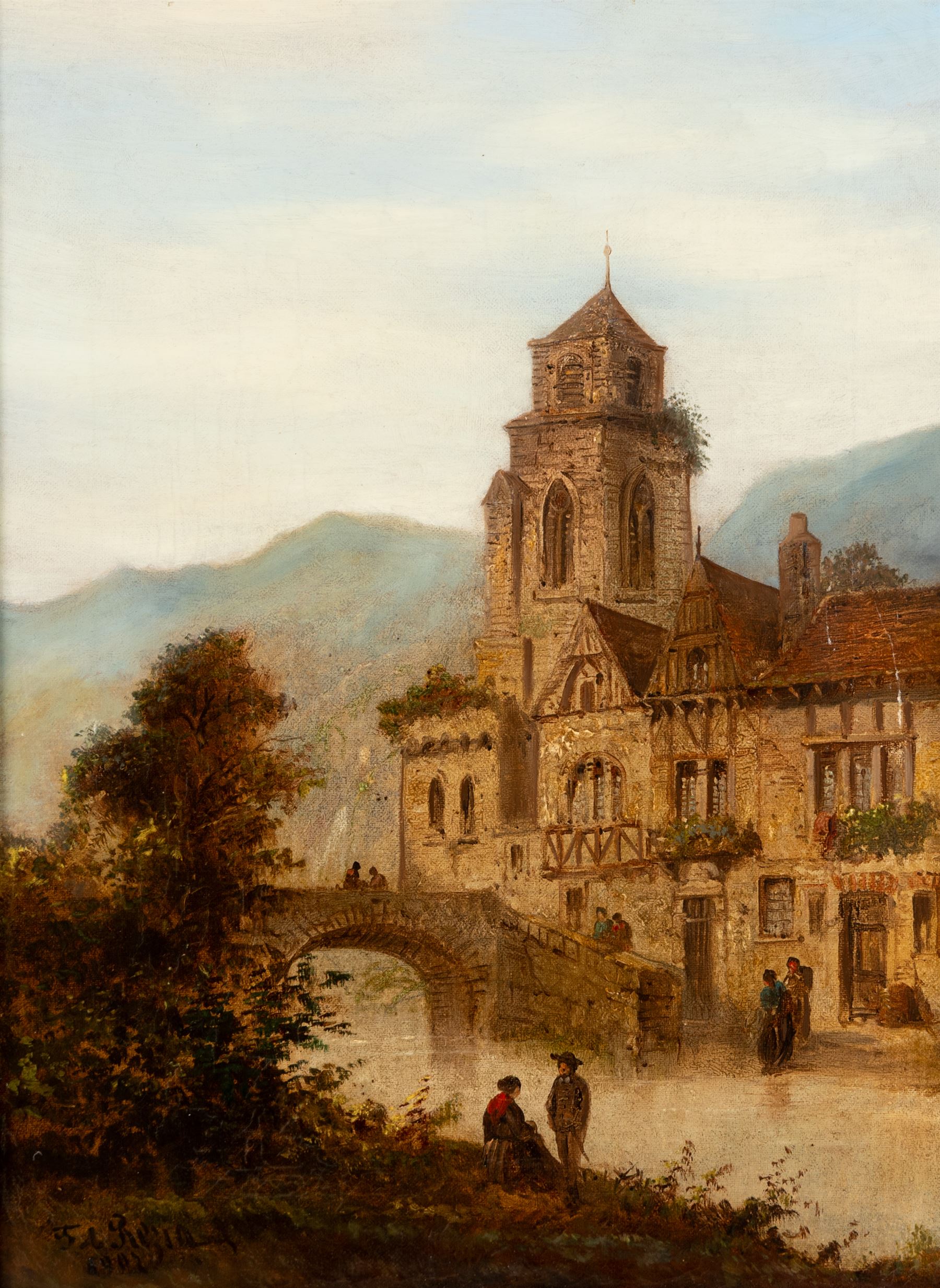 Felice Auguste Rezia (Italian 1835-1907): Stone Tower on a Lake and Church Overlooking a River - Northern Italy, pair of oils on canvas signed and dated 1902 max 40cm x 29.5cm (2)