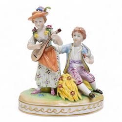Group of four Dresden figures, including a boy playing the flute, a lady and her lamb, a couple and their sleigh, and a lady playing a mandolin H14cm; together with three other German figures, including a courting couple, largest H18cm (7)