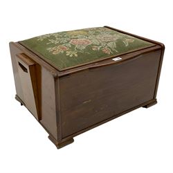 Late 20th century mahogany storage box seat, the hinged lid with cushioned seat upholstered in needle work cover 