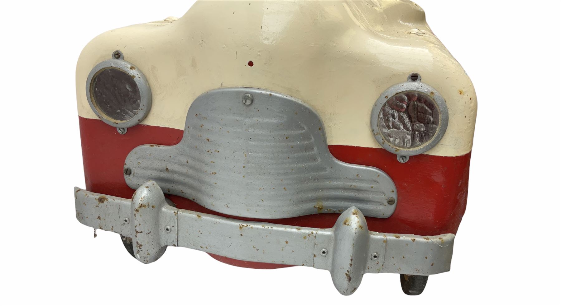 1950s child's tin-plate pedal car, possibly by Tri-ang, painted white and red and named 'Crusader' L104cm