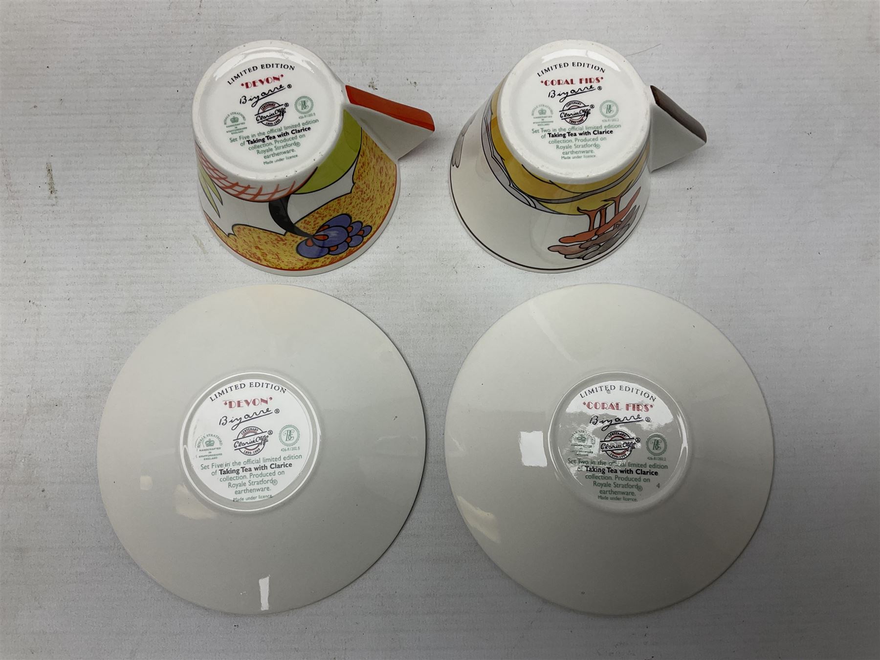 Wedgwood limited edition Clarice Cliff Design Taking Tea collection, comprising eight cups and saucers Honolulu, Apples, Gibraltar, Lilac Crocus, Trees and House, Coral Firs, Devon, and Sunray, with certificates of authenticity 