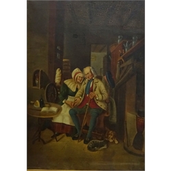  Robertson (English School 19th century): Couple Seated in a Interior Setting, oil on canvas signed 49cm x 35cm and Continental Street Scenes, pair of 19th century watercolours indistinctly signed and dated 1850, 39cm x 28cm (3)  