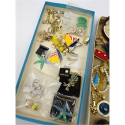  Collection of costume and other jewellery to include simulated pearl necklaces, gold plated illusion set heart shaped ring, rolled gold watch bracelet, crystal pendant on chain, marcasite cocktail watch bracelet & similar brooches etc turquoise pendant on chain and other jewellery   