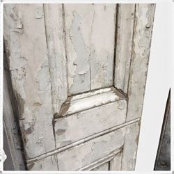 Set of three French 19th century painted pine folding window shutters of tall form, each comprising two hinged leaves with three graduated raised and fielded panels, in antique cream-painted finish