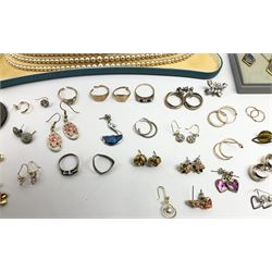 Two gold signet rings and a sapphire, opal and diamond ring, single stone diamond ring, pair of gold stone set earrings and other gold earrings, all 9ct stamped or hallmarked, silver earrings and other costume jewellery