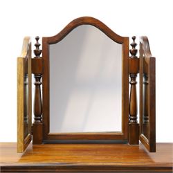 Willis & Gambier - cherrywood dressing table with mirror and stool, three-part mirror on turned uprights with finials, rectangular top above three cushion-moulded frieze drawers, twin pedestals each fitted with three graduated drawers, panelled sides and stepped plinth bases, stool with turned supports and padded seat