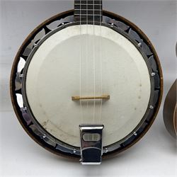 Trumelo BMI banjo ukulele no.3013 L58cm; in soft carrying case; and Kapok Brand guitar shaped ukulele L51cm (2)