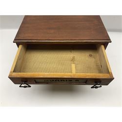 Victorian oak three drawer tabletop haberdashery chest advertising Morris Yeomans' Needles and Co, H27cm, L36cm