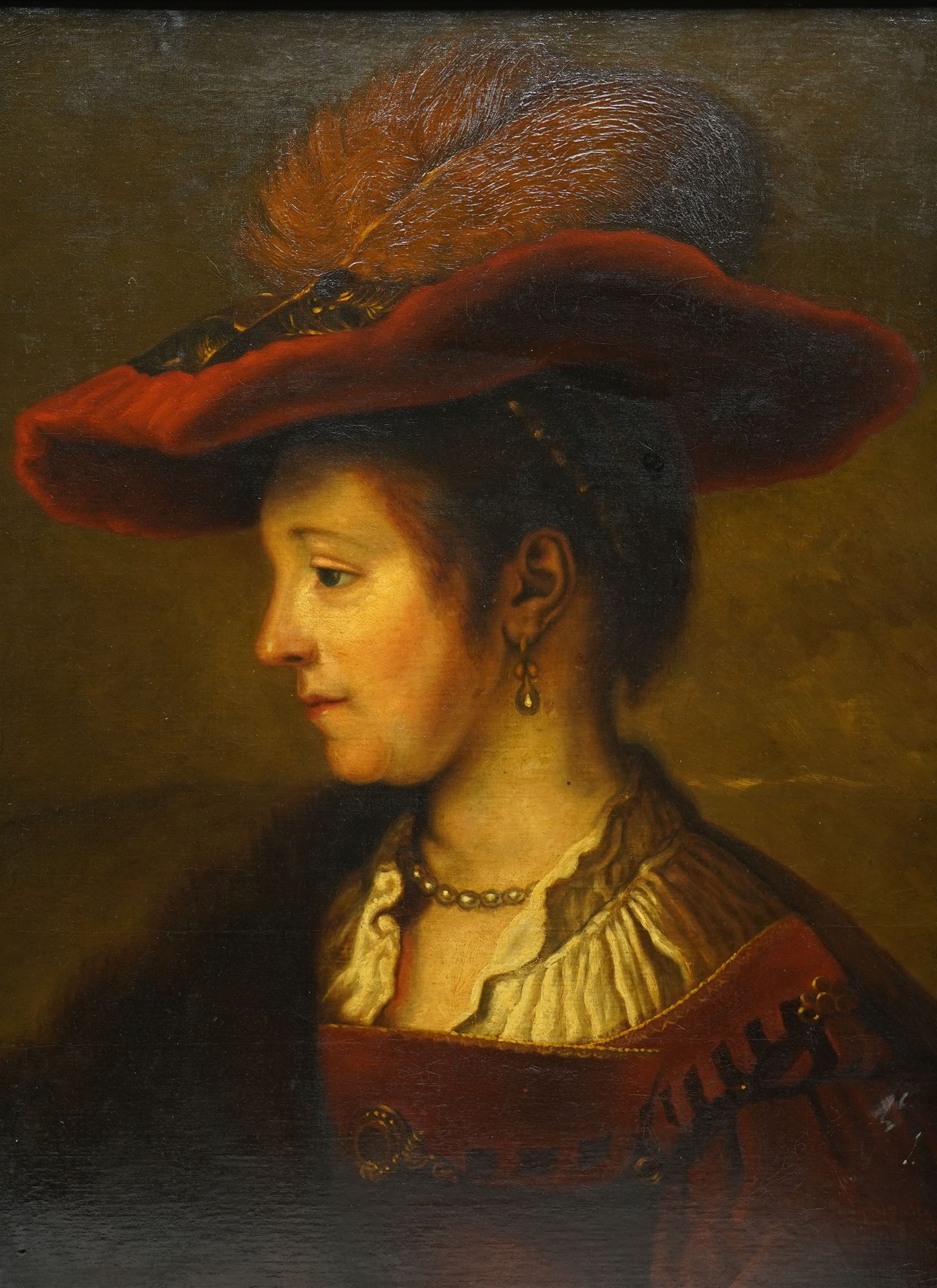 Marguerite Diericke (19th century) after Rembrandt van Rijn (Dutch 1606-1669): Quarter-Length Portrait of of 'Saskia van Uylenburgh' (1612–1642) the Artist's Wife, oil on canvas signed and dated 1885, 63cm x 47cm