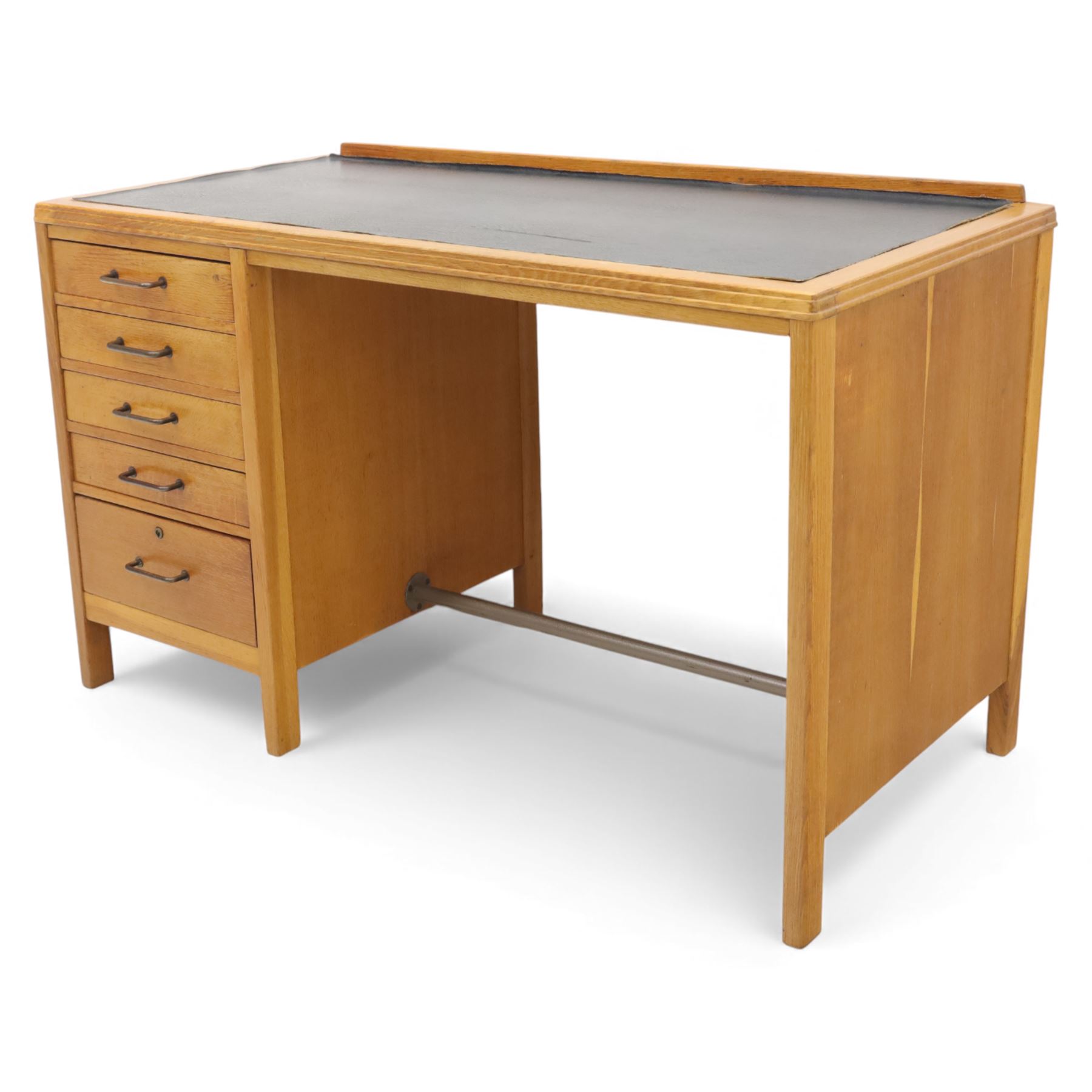 Gordon Russell - Oak pedestal desk with black leather inset top, rectangular galleried back, five graduating drawers, tubular metal handles and stretcher on square supports