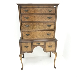 Queen Anne style walnut chest on stand, seven graduating drawers, shell carved cabriole legs, W84cm, H149cm, D55cm