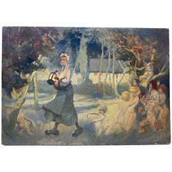 Richard Edward Clarke (British 1878-1954): 'The Haunted Orchard', oil on panel signed, original title label with artist's Scarborough address verso 35cm x 51cm (unframed) 
Notes: Clarke, born in Scarborough, studied under Albert Strange at the Art School where later he became acting Headmaster, also teaching at Pickering Grammar School.