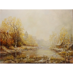  Winter in the Rhineland, 20th century oil on canvas signed and dated '82 by Schlechte 59cm x 79cm in ornate gilt frame  