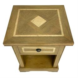 Barker & Stonehouse - 'Flagstone' mango wood bedside stand fitted with drawer and under tier, inset with stone geometric inlays, plinth base